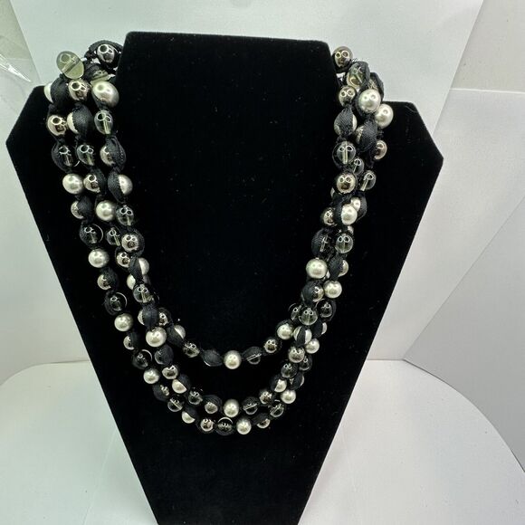 Multi Strand Statement Ribbon Necklace with Silver Black Clear Glass Beads 22" - Picture 6 of 14